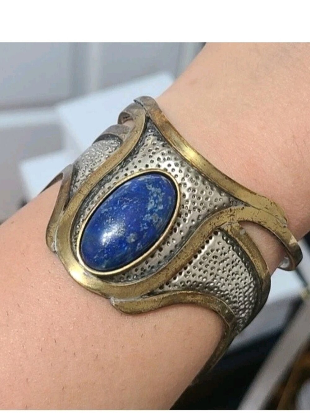 Vintage Morita Gil Chile Designer Brass Lapis Lazuli Egyptian Wide Cuff Bracelet